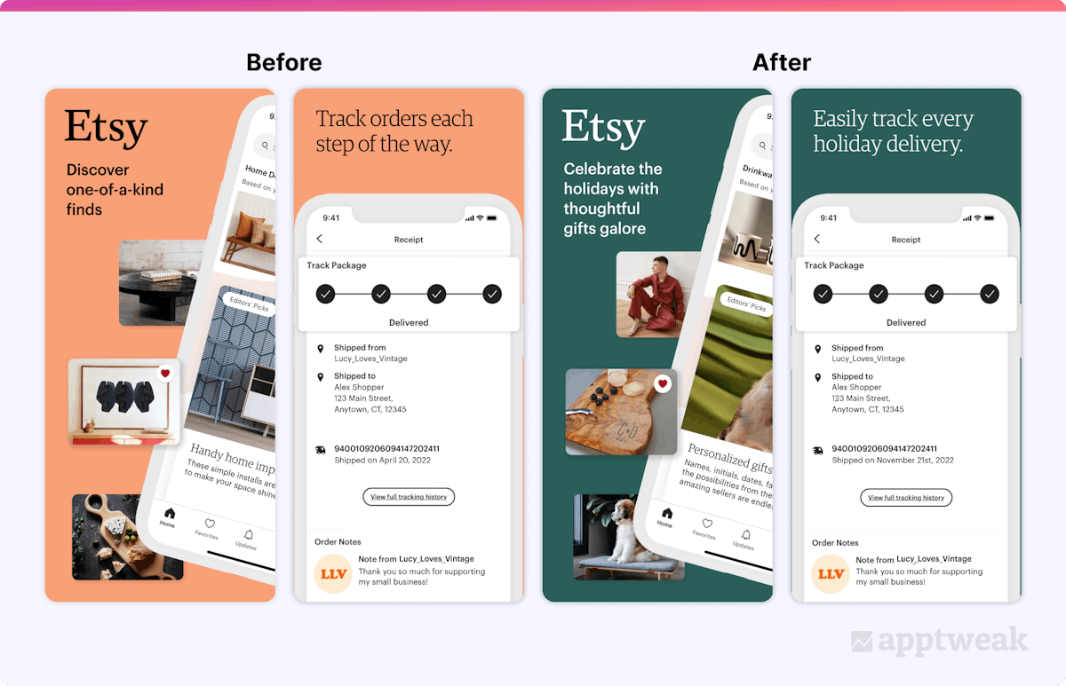 Etsy before and after holiday screenshots 